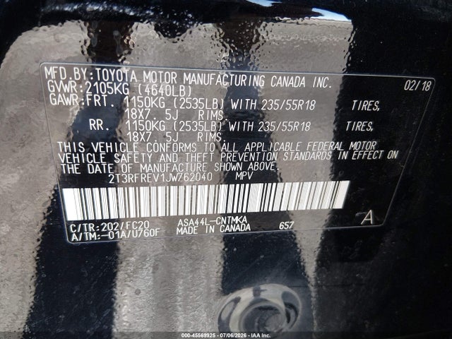 Aukcja sprzedaży 2018 Toyota Rav4 Adventure, vin: 2T3RFREV1JW762040, numer aukcji: 45569925