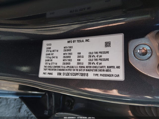 45569931 :رقم المزاد ، 5YJ3E1EC6PF708918 vin ، 2023 Tesla Model 3 Performance Dual Motor All-wheel Drive مزاد بيع