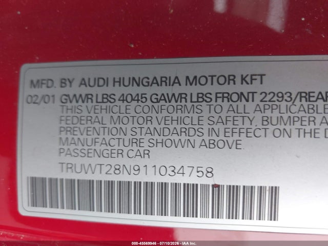 Auction sale of the 2001 Audi Tt, vin: TRUWT28N911034758, lot number: 45569946