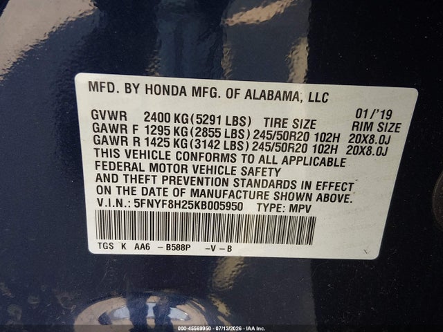 Продажа на аукционе авто 2019 Honda Passport Sport, vin: 5FNYF8H25KB005950, номер лота: 45569950