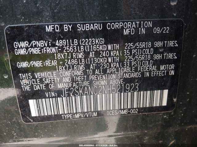 Продаж на аукціоні авто 2022 Subaru Forester Limited, vin: JF2SKANC2NH521923, номер лоту: 45569964