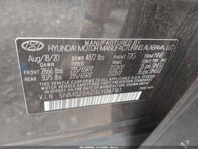 Aukcja sprzedaży 2020 Hyundai Santa Fe Se, vin: 5NMS23AD5LH267161, numer aukcji: 45569986