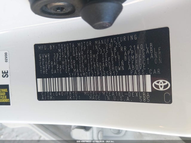 Продаж на аукціоні авто 2026 Toyota Corolla Le, vin: 5YFB4MDE2TP365817, номер лоту: 45570022