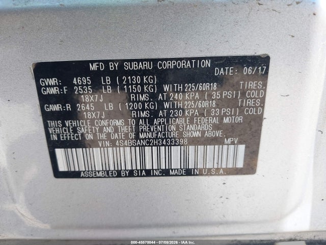 Aukcja sprzedaży 2017 Subaru Outback 2.5i Limited, vin: 4S4BSANC2H3433398, numer aukcji: 45570044