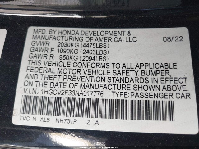 1HGCV2F33NA017776 Honda Accord Sport 2.0t