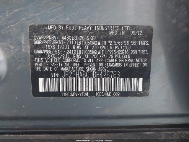 45570067 :رقم المزاد ، JF2SHABC0DH426763 vin ، 2013 Subaru Forester 2.5x مزاد بيع