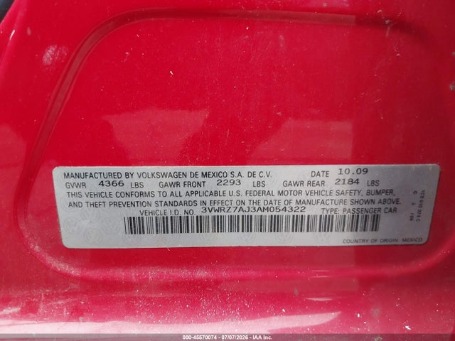 45570074 :رقم المزاد ، 3VWRZ7AJ3AM054322 vin ، 2010 Volkswagen Jetta Se مزاد بيع