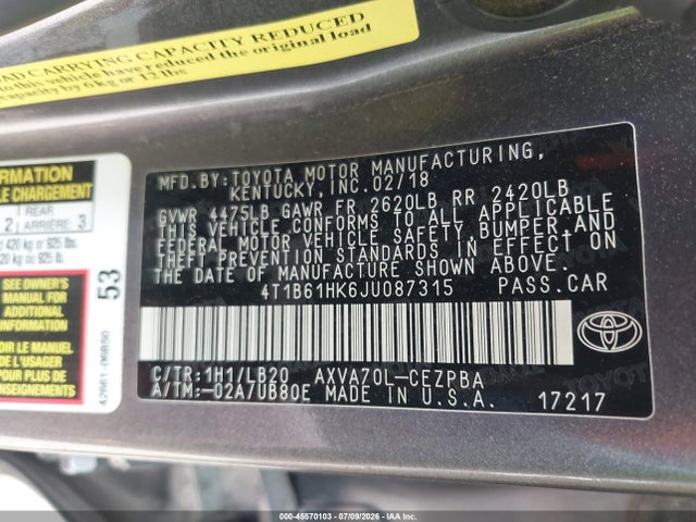 Aukcja sprzedaży 2018 Toyota Camry Xse, vin: 4T1B61HK6JU087315, numer aukcji: 45570103