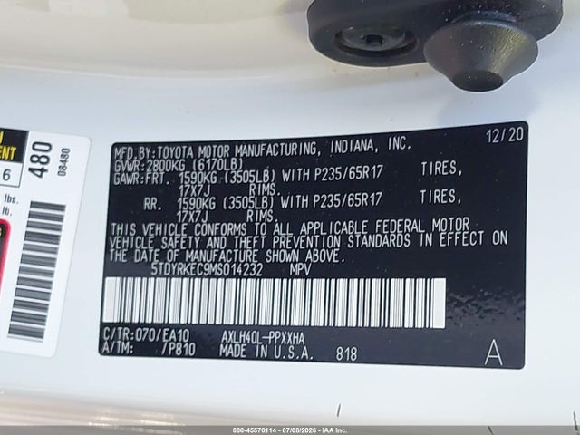 2021 Toyota Sienna Xle მანქანა იყიდება აუქციონზე, vin: 5TDYRKEC9MS014232, აუქციონის ნომერი: 45570114
