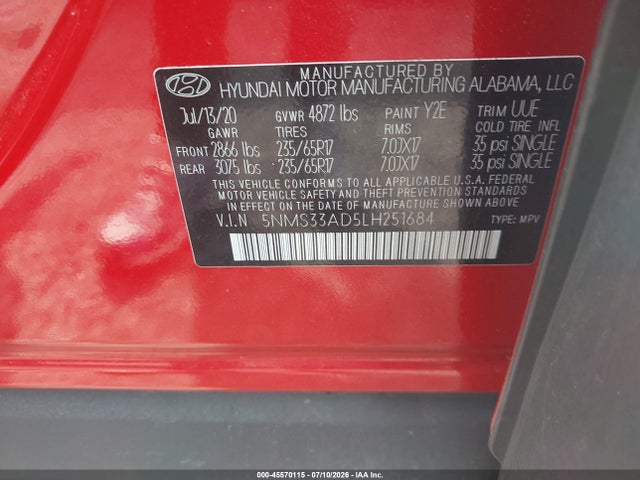 Aukcja sprzedaży 2020 Hyundai Santa Fe Sel, vin: 5NMS33AD5LH251684, numer aukcji: 45570115