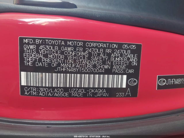 45570134 :رقم المزاد ، JTHFN48Y150070044 vin ، 2005 Lexus Sc 430 مزاد بيع