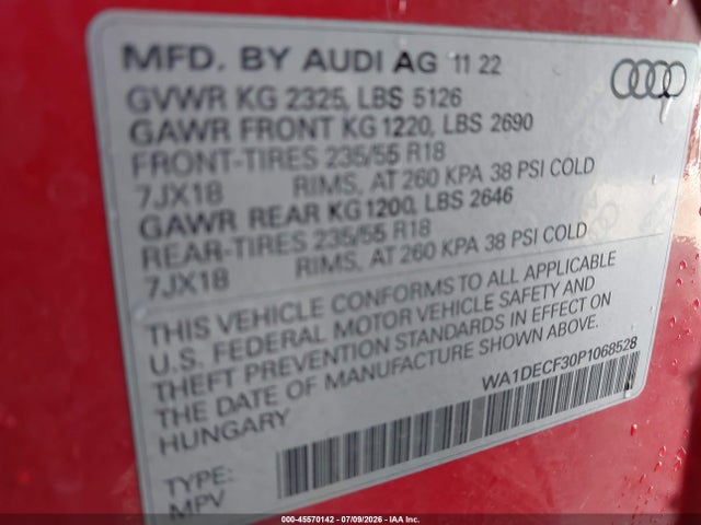 45570142 :رقم المزاد ، WA1DECF30P1068528 vin ، 2023 Audi Q3 Premium 45 Tfsi S Line Quattro Tiptronic مزاد بيع