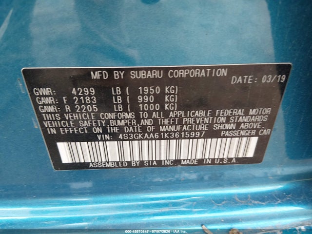Aukcja sprzedaży 2019 Subaru Impreza 2.0i, vin: 4S3GKAA61K3615997, numer aukcji: 45570147