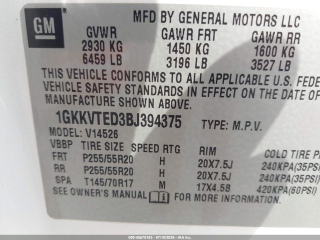 2011 Gmc Acadia Denali მანქანა იყიდება აუქციონზე, vin: 1GKKVTED3BJ394375, აუქციონის ნომერი: 45570163