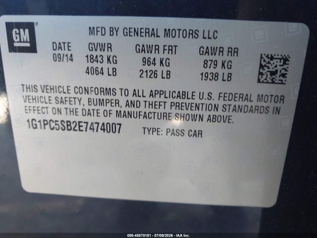 1G1PC5SB2E7474007 Chevrolet Cruze 1lt Auto