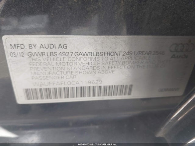 2012 Audi A4 2.0t Premium Plus მანქანა იყიდება აუქციონზე, vin: WAUFFAFL0CA119629, აუქციონის ნომერი: 45570182