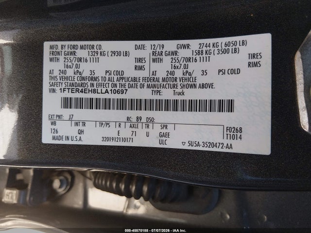 Ford Ranger Lariat/xl/xlt 2020 1FTER4EH8LLA10697 Image 9