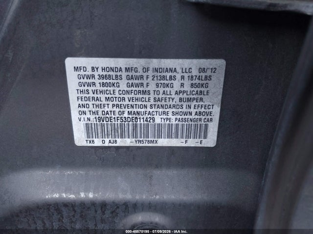45570195 :رقم المزاد ، 19VDE1F53DE011429 vin ، 2013 Acura Ilx 2.0l مزاد بيع