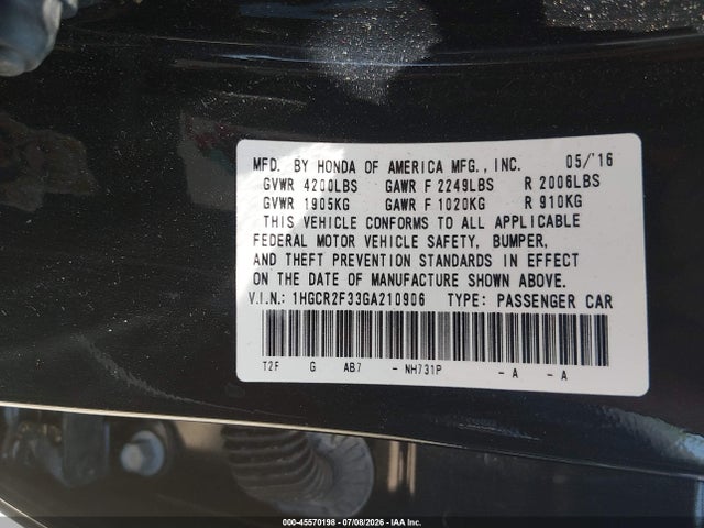 Продаж на аукціоні авто 2016 Honda Accord Lx, vin: 1HGCR2F33GA210906, номер лоту: 45570198