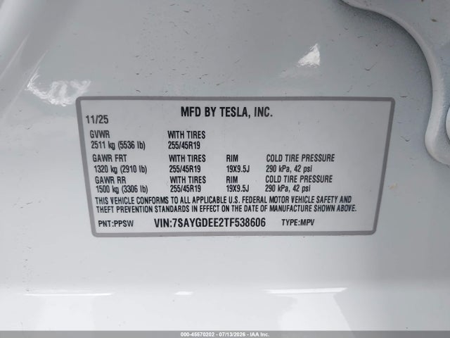 45570202 :رقم المزاد ، 7SAYGDEE2TF538606 vin ، 2026 Tesla Model Y All-wheel Drive/long Range Launch Series/premium All-wheel Drive مزاد بيع