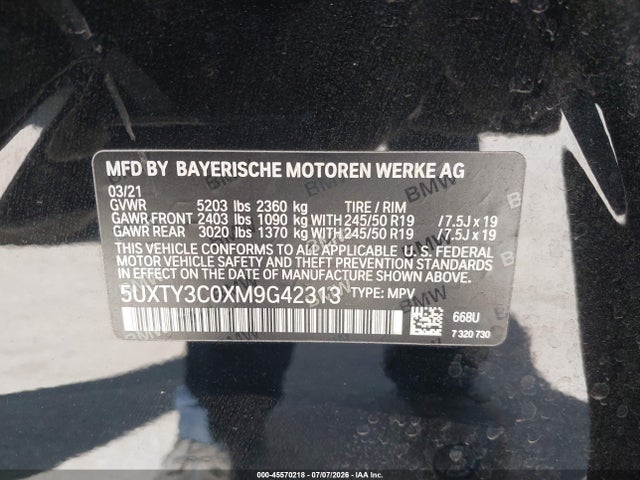 45570218 :رقم المزاد ، 5UXTY3C0XM9G42313 vin ، 2021 Bmw X3 Sdrive30i مزاد بيع