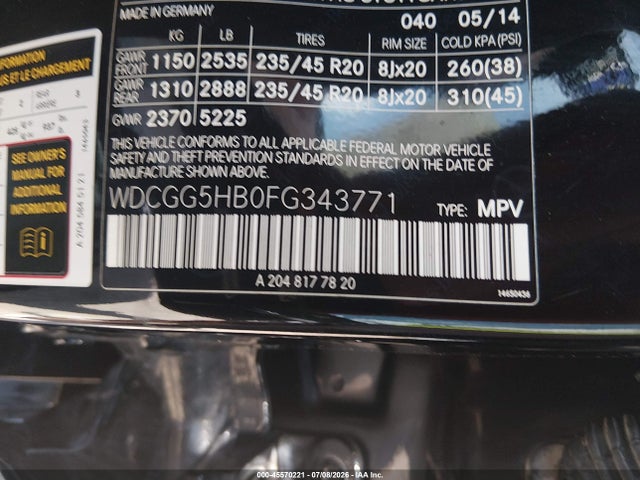 45570221 :رقم المزاد ، WDCGG5HB0FG343771 vin ، 2015 Mercedes-benz Glk 350 مزاد بيع