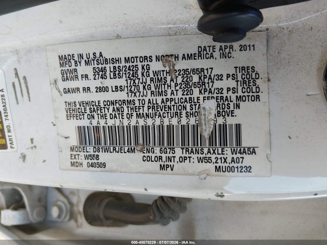 Продаж на аукціоні авто 2011 Mitsubishi Endeavor, vin: 4A4JN2AS2BE026793, номер лоту: 45570229