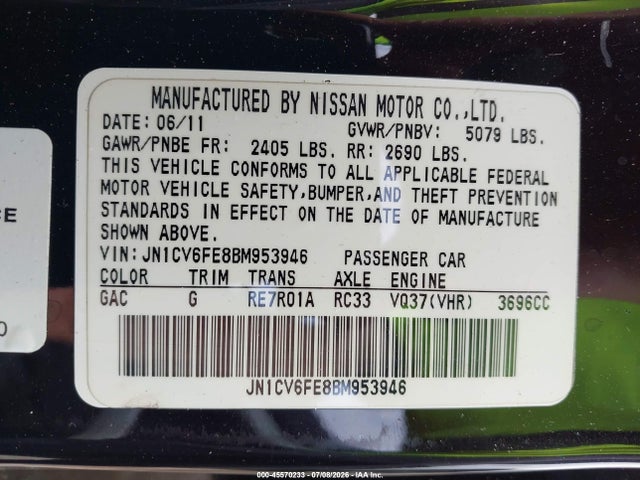 Продаж на аукціоні авто 2011 Infiniti G37, vin: JN1CV6FE8BM953946, номер лоту: 45570233