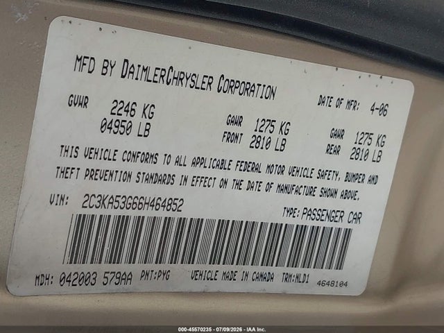 Продажа на аукционе авто 2006 Chrysler 300 Touring, vin: 2C3KA53G66H464852, номер лота: 45570235