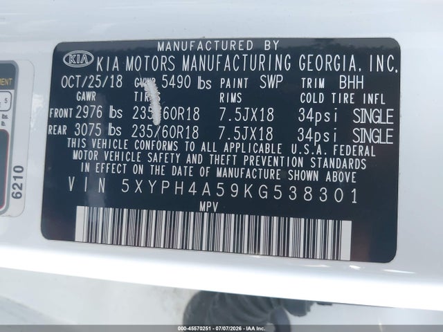 KIA Sorento 3.3l Ex 2019 5XYPH4A59KG538301 Image 9