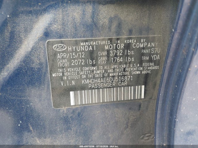 2013 Hyundai Elantra Limited მანქანა იყიდება აუქციონზე, vin: KMHDH4AE6DU516871, აუქციონის ნომერი: 45570256