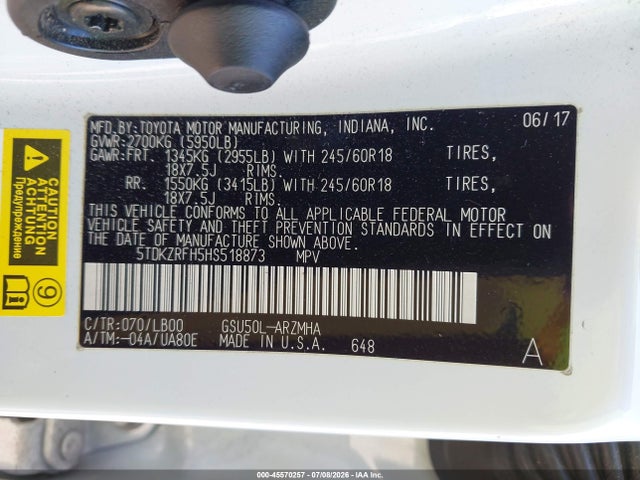Toyota Highlander Xle 2017 5TDKZRFH5HS518873 Image 9