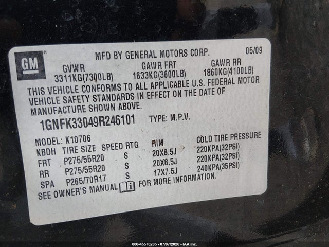 45570265 :رقم المزاد ، 1GNFK33049R246101 vin ، 2009 Chevrolet Tahoe Ltz مزاد بيع