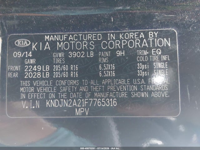Auction sale of the 2015 Kia Soul, vin: KNDJN2A21F7765316, lot number: 45570281
