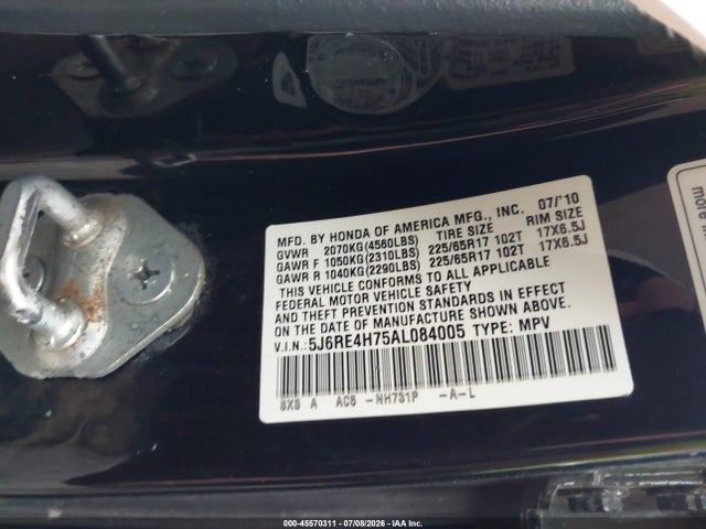 Продаж на аукціоні авто 2010 Honda Cr-v Ex-l, vin: 5J6RE4H75AL084005, номер лоту: 45570311