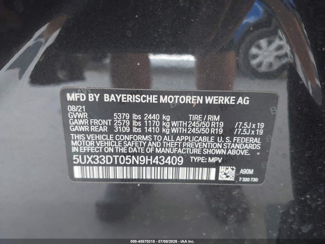 45570318 :رقم المزاد ، 5UX33DT05N9H43409 vin ، 2022 Bmw X4 Xdrive30i مزاد بيع