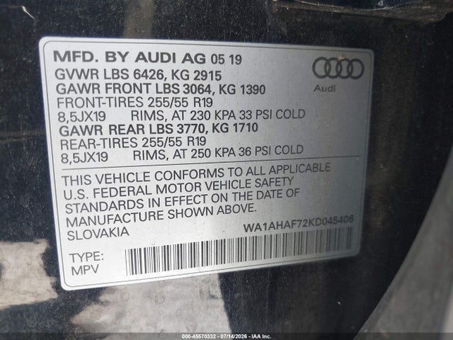 Продажа на аукционе авто 2019 Audi Q7 45 Premium/45 Se Premium, vin: WA1AHAF72KD045406, номер лота: 45570332