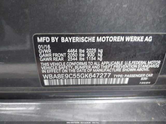 2016 Bmw 328i მანქანა იყიდება აუქციონზე, vin: WBA8E9C55GK647277, აუქციონის ნომერი: 45570336