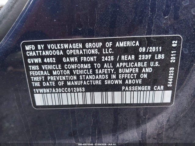 Aukcja sprzedaży 2012 Volkswagen Passat 2.0l Tdi Se, vin: 1VWBN7A30CC012953, numer aukcji: 45570346