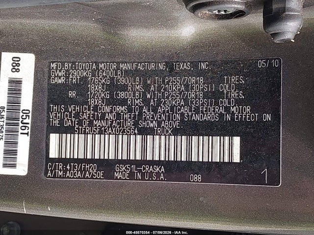 Auction sale of the 2010 Toyota Tundra Grade V6, vin: 5TFRU5F13AX023564, lot number: 45570354