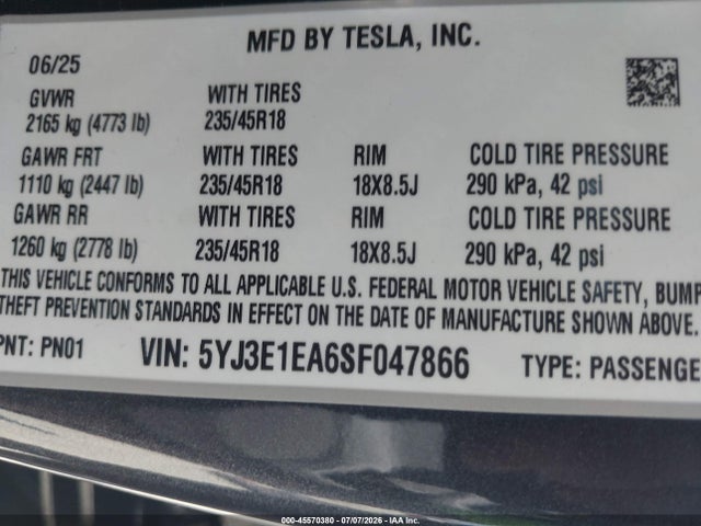 45570380 :رقم المزاد ، 5YJ3E1EA6SF047866 vin ، 2025 Tesla Model 3 Long Range Rear-wheel Drive/standard Rear-wheel Drive مزاد بيع