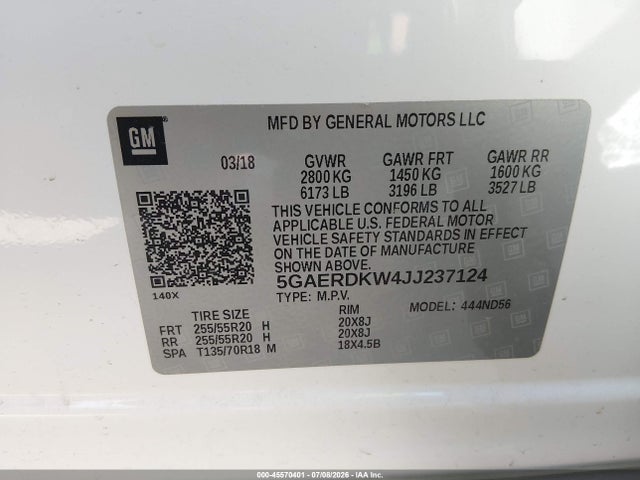 Продажа на аукционе авто 2018 Buick Enclave Avenir, vin: 5GAERDKW4JJ237124, номер лота: 45570401