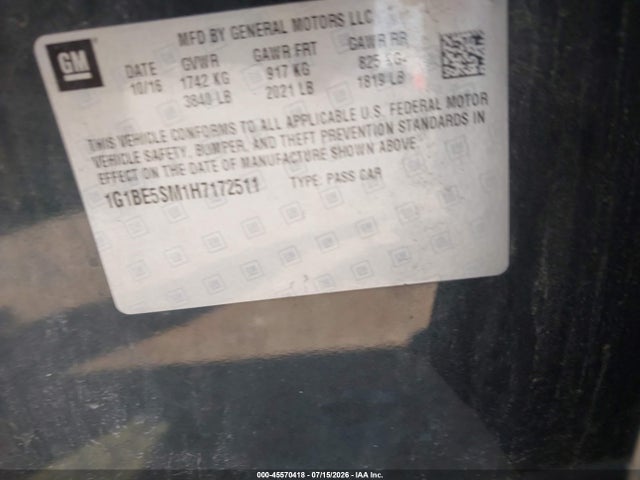 45570418 :رقم المزاد ، 1G1BE5SM1H7172511 vin ، 2017 Chevrolet Cruze Lt Auto مزاد بيع