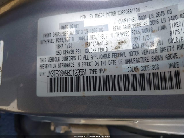 Продаж на аукціоні авто 2008 Mazda Cx-9 Touring, vin: JM3TB28V980123561, номер лоту: 45570434