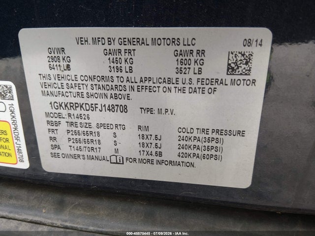 45570445 :رقم المزاد ، 1GKKRPKD5FJ148708 vin ، 2015 Gmc Acadia Sle-2 مزاد بيع