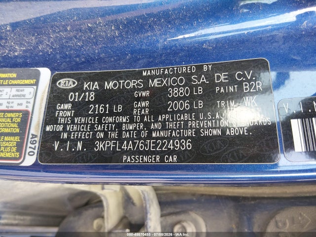 2018 Kia Forte S მანქანა იყიდება აუქციონზე, vin: 3KPFL4A76JE224936, აუქციონის ნომერი: 45570455