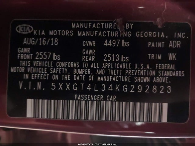 Auction sale of the 2019 Kia Optima S, vin: 5XXGT4L34KG292823, lot number: 45570471