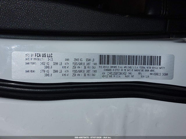 2015 Dodge Durango Limited მანქანა იყიდება აუქციონზე, vin: 1C4RDJDG6FC801452, აუქციონის ნომერი: 45570475