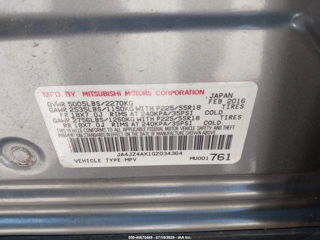 2016 Mitsubishi Outlander Gt მანქანა იყიდება აუქციონზე, vin: JA4JZ4AX1GZ034364, აუქციონის ნომერი: 45570489