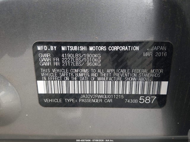2016 Mitsubishi Lancer Es მანქანა იყიდება აუქციონზე, vin: JA32V2FW4GU011215, აუქციონის ნომერი: 45570496